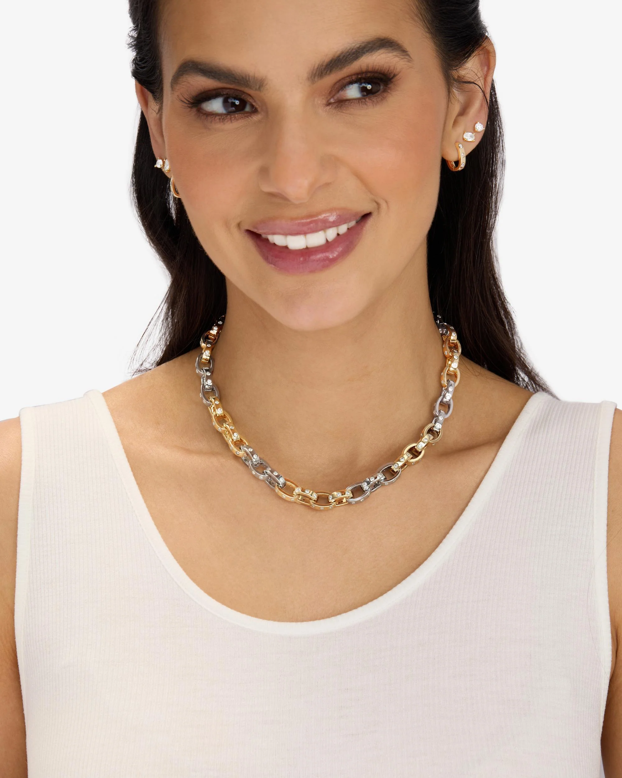 Ashley Chain Link Necklace 9mm - Mixed Metal|White Diamondettes - Image 2