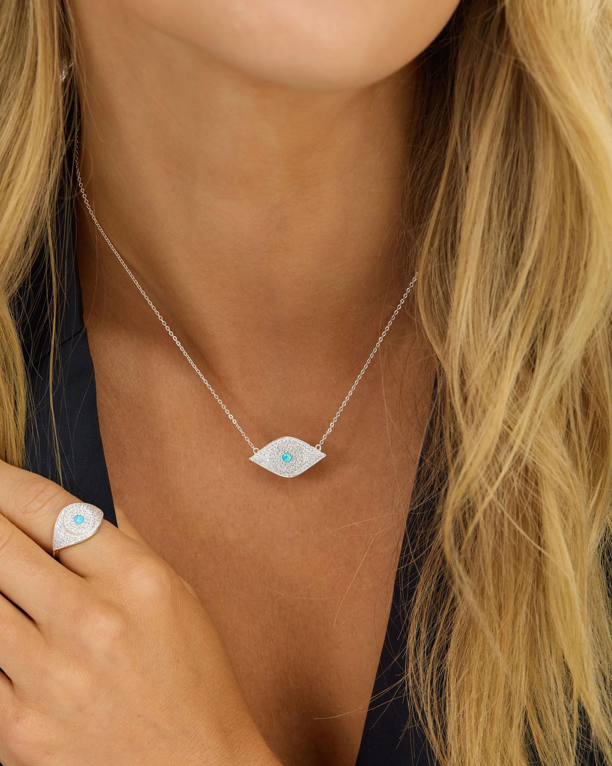 Blue Opal Evil Eye Necklace - Silver|Blue Opal - Image 2