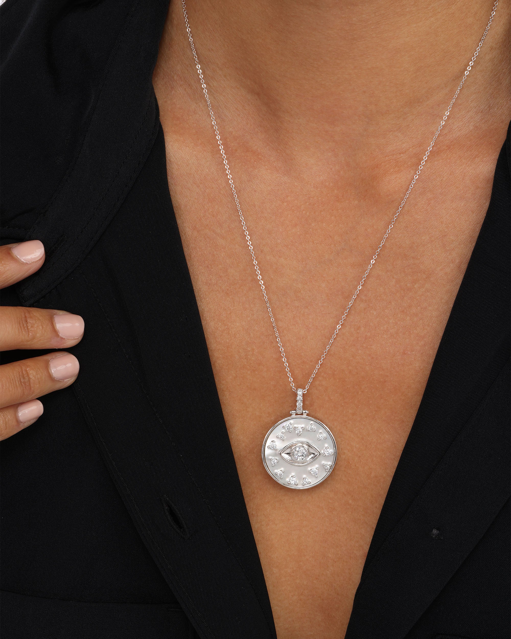 Evil Eye Medallion Necklace - Silver|White Diamondettes - Image 2