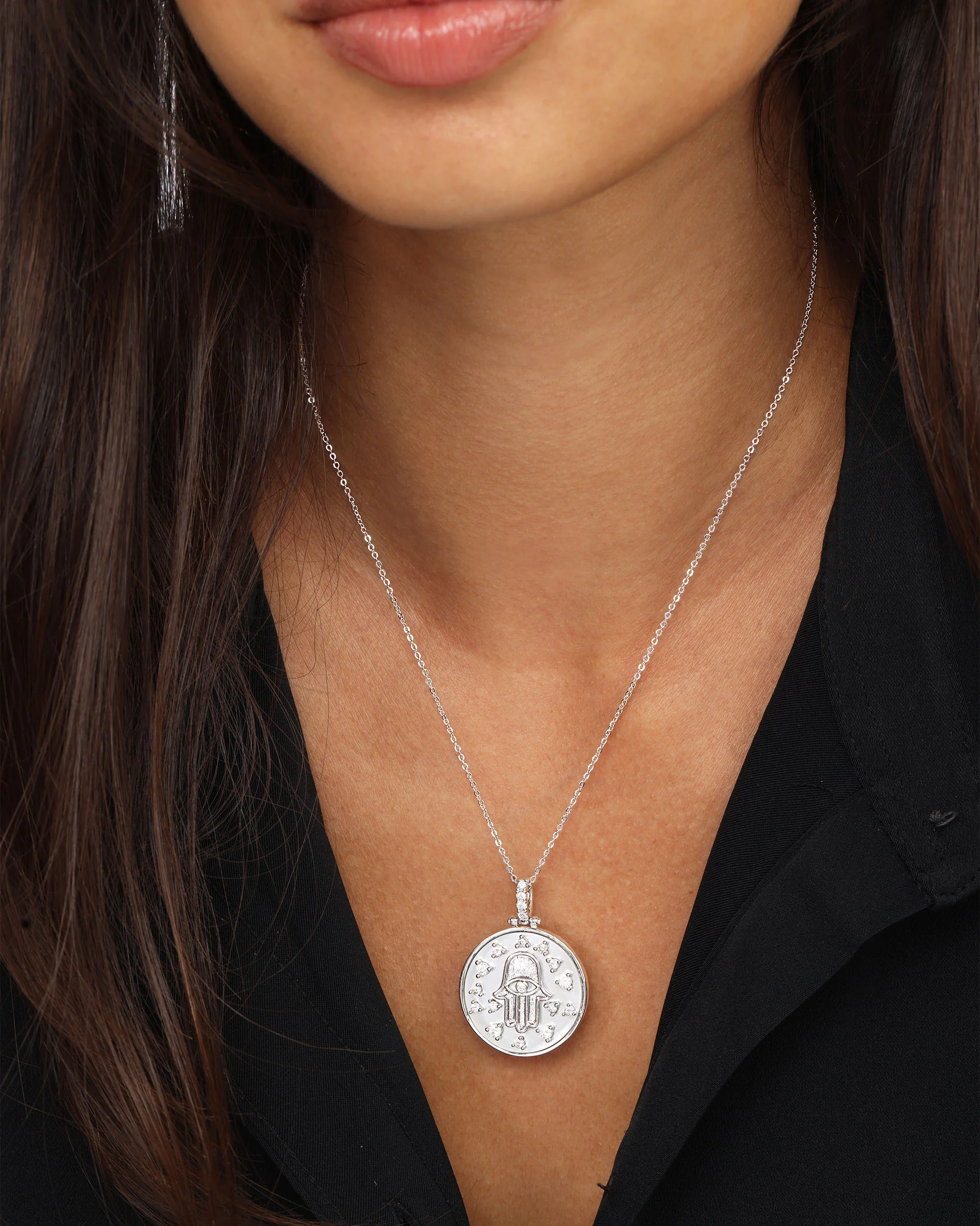 Hamsa Medallion Necklace - Silver|White Diamondettes - Image 2